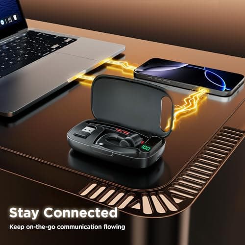 COMEXION Bluetooth Headset V5.3, Wireless Headset with Dual Noise-Canceling Mics, Portable Charging Case, 300H Standby Time, Hands Free Headphones for Computer/Cell Phones, Trucker/Home/Office/Work