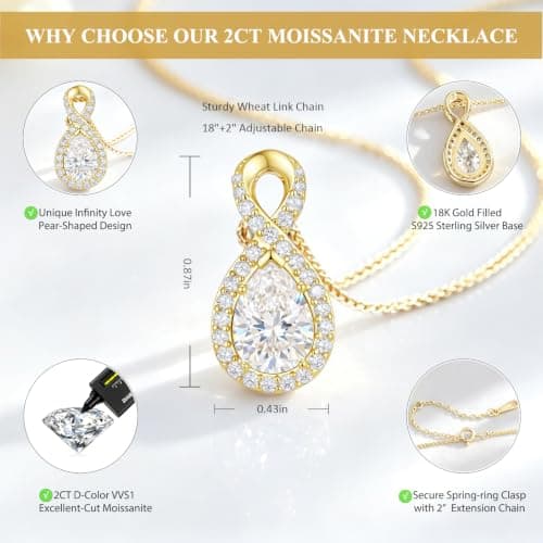 D-VVS1|18K Gold Plated S925 Sterling Silver Women's Jewelry Gift for Women Christmas Mothers Valentines Day, w/LED Gift Box 2CT Moissanite Necklaces for Women Anniversary Birthday Gift for Wife Her B0H94B9M51