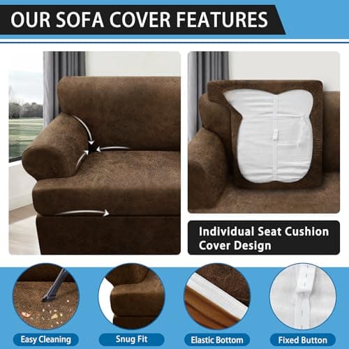 Pfrstuv 4-Piece T Couch Cover - Leather Look Slipcovers for 3 Cushion Sofa, Brown