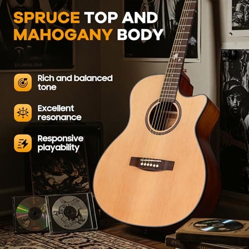 CAHAYA Acoustic Guitar Beginner Set - 41" Full Size Spruce Top Mahogany Body with Okoume Neck Rosewood Fingerboard, GA Cutaway Design, Balanced Rich Tone with Gig Bag, Strap, Capo, Strings & Picks