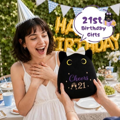 8inch Cat Stuffed Anmals with Cheers 21, Soft Plush Cute 21 Year Old Birthday Gifts for Girls Women 21st Birthday Black Cat Plush, 21st Birthday Gifts for Girls Her B0H2GV3YWL