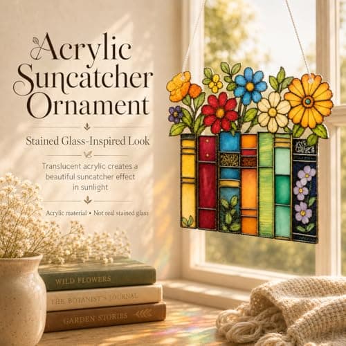 Book Lovers Gifts for Women, Book Ornament Faux Stained Glass Window Hanging, Bookish Gifts for Teacher, Librarian, Reader, Bookworm, Christmas Stocking Stuffer Tree Decorations (Floral Shelf)