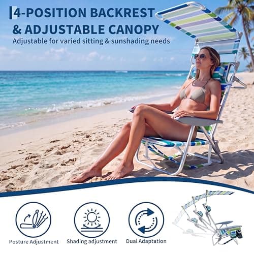 GarveeLife Backpack Beach Chair for Adults, Lightweight Portable Lay Flat Folding Beach Chair with Canopy Shade, 5 Reclining Positions, Backpack Straps, Phone Pocket, Cup Holder & Towel Bar