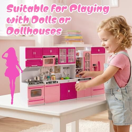 5 in 1 Kids Kitchen Playset Toys with Light & Sound, Doll House Furniture Accessories, 64 PCS Pretend Cooking Food Set, Play Kitchen for Toddlers, Gifts for Girl Ages 3-5 Year Old