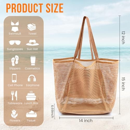 HOHOM Beach Bags for Women, Summer Travel Mesh Tote Bag with Large Inner Pocket, Sandproof Woven Shoulder Handbag
