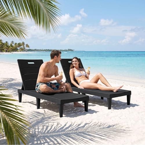 Greesum Outdoor Chaise Lounge Chairs Set of 2 with 5-Position Adjustable Backrest, Waterproof PP Sun Loungers for Garden Pool Beach Patio Deck Sunbathing, Black