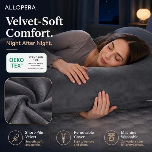Pregnancy Pillow, Full Body 57 Inch Maternity Pillow with Removable Washable Cover - Sleep Support for Legs, Back, Neck, Shoulder, HIPS, Belly for Pregnent Women, Black Grey Velvet Cover