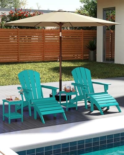 GREENVINES Folding-Adirondack-Chairs-Set-of-2 | w/Cup Holder | HDPE Plastic | All-Weather Patio Fire Pit Chairs | for Outdoor Poolside Deck | Aqua
