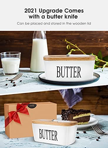 Butter Dish with Lid, Home Decor, Large Butter Dish for Countertop Ceramic Butter Keeper Container with Knife and High-Quality Silicone Sealing Butter Dish Good Kitchen Gift White