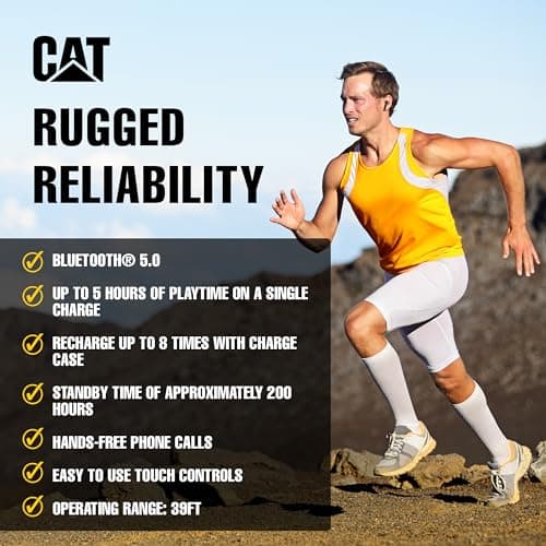 CAT Bluetooth Noise Canceling Ear Buds - Rugged Wireless Work Earbuds, Bluetooth Work Headphones, Dust Proof, Shock Proof, Water Resistant, Compatible with Apple, Android