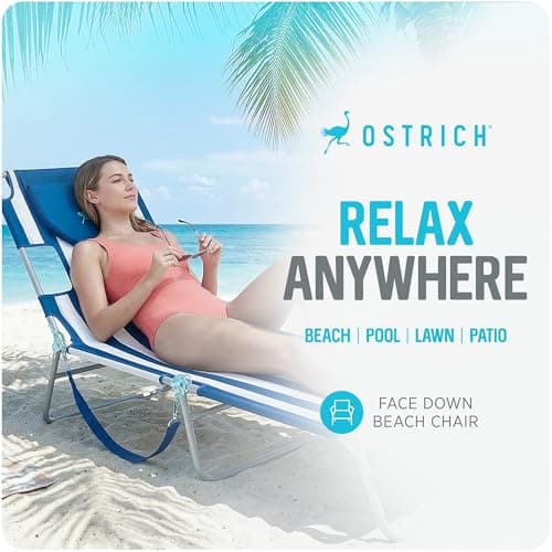 Ostrich The Original Chaise Lounge Portable Reclining Beach Chair, Blue Stripe - Bundled with Custom Fitted Towel Cover, White