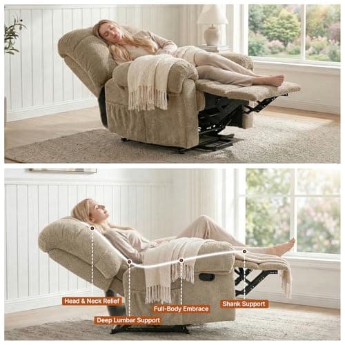 Comfy Recliner Chair for Elderly Seniors Adults, Overstuffed Manual Recliner, Ergonomic Back Pain Relief w/Pockets, Reading Apt Bedroom Living Room, Birthday Gift, Camel