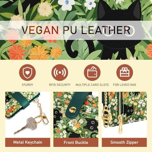 Jogjam Black Cat Floral Rfid Women Wallet, Small Slim Thin Credit Card Wallet, PU Leather Bifold Cash Zipper Coin Pocket ID Window for Female Ladies Teen Girls Girly