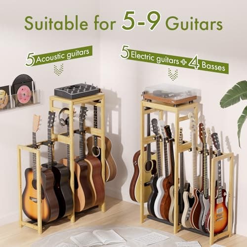 Amazer Guitar Stand, Guitar Rack for Acoustic, Bass, Electric Guitar, Multi Guitar Display Stand Adjustable Bamboo Guitars Holder, Multiple Guitar Stands Floor, for Home Music Studio