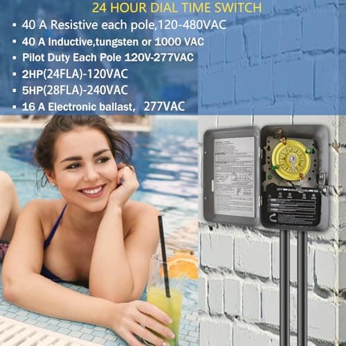 T104 Mechanical Timer Switch, 208–277 VAC 40 Amp,Pool Pump Switch, 24 Hour 12 ON/Off for Pump, Heavy Duty Pool Timers Outdoor, Timer for Lights HVAC Systems, 5 Years Warranty