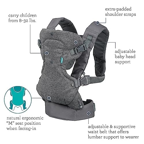 Infantino Flip 4-in-1 Convertible Baby Carrier, Adjustable, Ergonomic Babywearing, Registry Essential, Baby Carrier for Newborn to Toddler, Gray