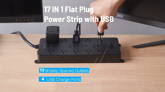 TROND Surge Protector Power Strip, 4000 Joules, ETL Listed, 13 Widely-Spaced Outlets Expansion with USB C Ports, Low-Profile Flat Plug, Wall Mountable, 5ft Extension Cord, 14AWG Heavy Duty, Black