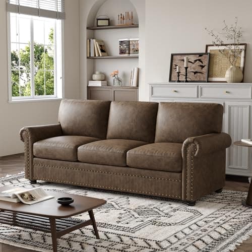 ONBRILL Faux Leather Sofa, 84 Inches Nailhead Trim Couch for Living Room, Mid-Century Modern Deep Seat Sofa with Rolled Arms, Classic 3 Seater Couch for Apartment, Office, Brown