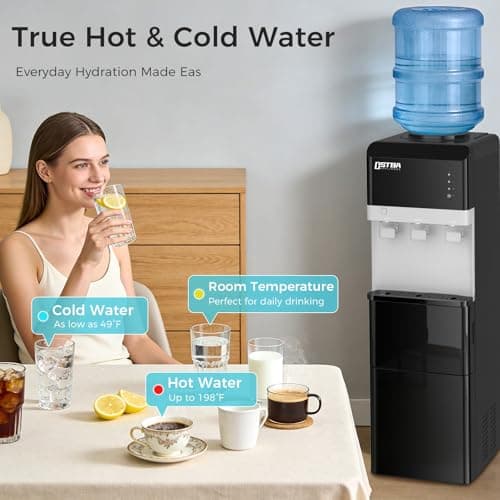 OSTBA Water Dispenser with Ice Maker for 3 & 5 Gallon Bottles, Top Loading Water Cooler with Hot Cold & Room Temperature Water, Bullet Ice Maker, Child Safety Lock for Home Office