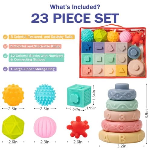 Jyusmile Baby Toys 6-12 Months, Montessori Toy for Babies 6-12 Months, Incl Stacking Building Blocks & Soft Infant Teething Toys & Sensory Balls for Toddlers 0-3-6-9-12 Month B0B2P5GK1Y