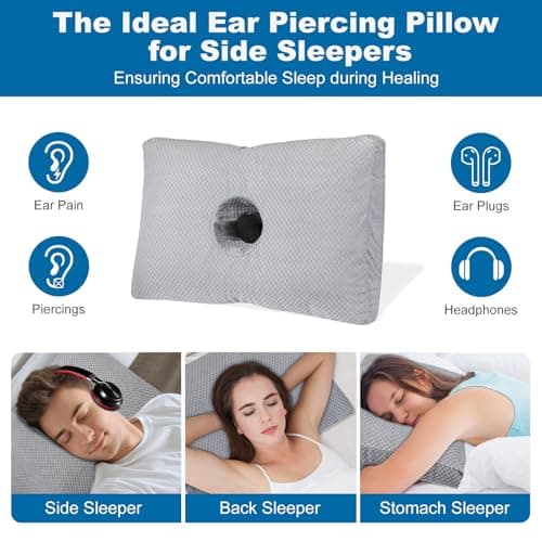 Ear Piercing Pillow for Side Sleepers with a Big Hole, Adjustable Height Ear Pillows for Ear Pain CNH, Pain Relief Sleeping, Skin-Friendly & Washable Pillowcase (20 x 13 x 4.5 inches - Gray)