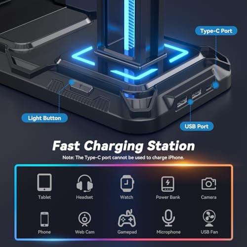 KDD Headset Stand with Charging Station - Detachable Controller Holder with 9 Light Modes - Rotatable Headphone Hanger with USB A&C Charger Ports - Earphone Hook for PC Gaming Accessories Storage B0DGGH8KN1