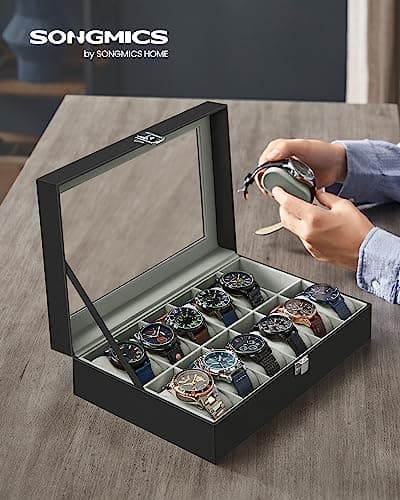 SONGMICS SONGMICS Watch Box, 12-Slot Watch Case Organizer with Large Glass Lid, Removable Pillows, Gift for Loved Ones, Black Synthetic Leather, Gray Lining UJWB12BK
