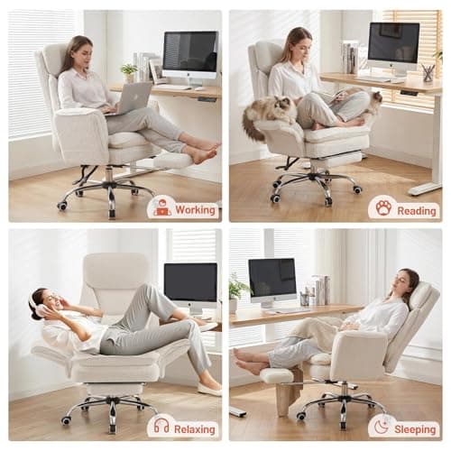 Furniliving Criss Cross Office Chair with Armrests & Wheels, Big and Tall Office Chair with Footrest, Flip Armrests for Pets, Wide Seat Cross Legged Desk Chair, Ergonomic Computer Chair, Teddy, White