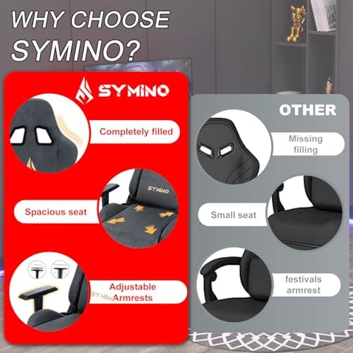 Symino Gaming Chair with Footrest, 2D Armrests Up/Down & Left/Right, Suede Fabric Ergonomic Office Chair, 150° Recline Computer Chair for Desk, Grey