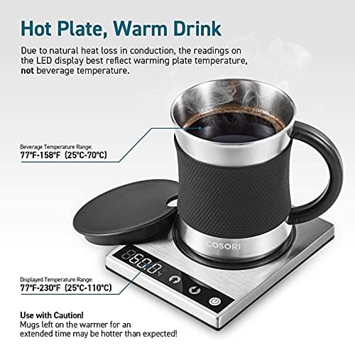 COSORI Coffee Mug Warmer & Mug Set for Desk, Cup Heater, Office & Christmas Gifts, 1°F Precise Temperature Control, Touch Tech & LCD Digital Display (77-194℉), 304 Stainless Steel, Silver/Black