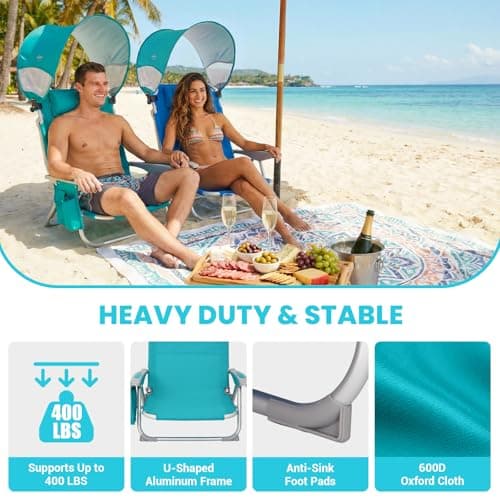 #WEJOY Beach Chair with Canopy Shade, Reclining Adjustable 4 Position, Lay Flat Lightweight Folding Portable Aluminum Chair with Backpack Straps,Padded headrest, Heavy Duty 400lbs Lawn Chair for Beach