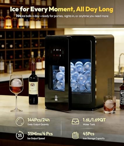 2" Ice Ball Maker - 4 Ice Spheres in 35min, 144pcs/Day, Sphere Ice Maker with Automatic Water Fill, LED Quiet Panel, Self-Cleaning Clear Ice Maker for Cocktails Whiskey Bourborn, Bar, Home