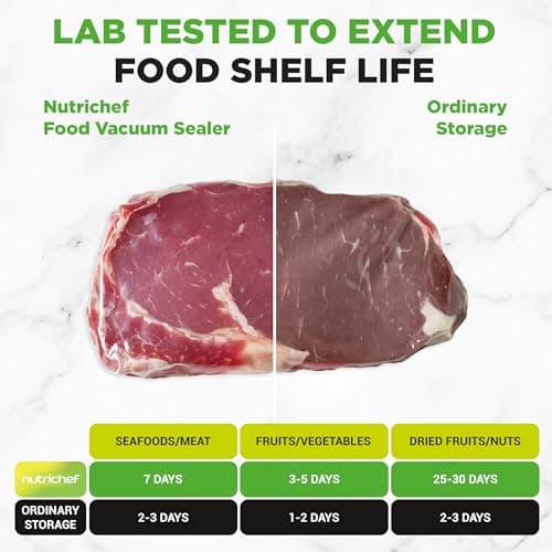 NutriChef Food Vacuum Sealer Machine - Automatic Air Sealing System for Dry & Moist Foods, LED Touch Controls, Includes Vacuum Bags, Hose & Wine Stopper, High Suction Power, 14"x6"x3", Silver