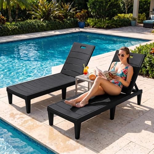 Greesum Outdoor Chaise Lounge Chairs Set of 2 with 5-Position Adjustable Backrest, Waterproof PP Sun Loungers for Garden Pool Beach Patio Deck Sunbathing, Black