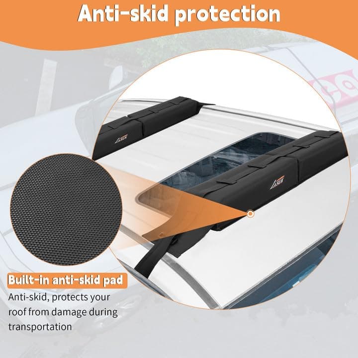 Universal Soft Roof Rack Pads for Kayak SUP Surfboard Snowboard Canoe, Heavy Duty Car Roof Rack System with 2 Tie Down Straps, 4 Quick Loop Straps, 2 Hood Loops, Tie Down Ropes and Storage Bag