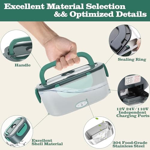 Buddew Electric Heated Lunch Box, 100W Fast Heating, 1.5L Food-Grade 304 Stainless Steel, 12V/24V/110V Portable Food Warmer for Car Truck Office Adults, Lonchera Electrica Portatil (Green) B09G2X39MK