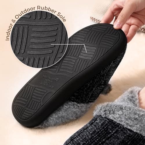 Homitem Slippers for Women Fuzzy House Slip on Indoor Outdoor Bedroom Furry Fleece Lined Ladies Comfy Memory Foam Female Home Shoes Anti-Skid Rubber Hard Sole