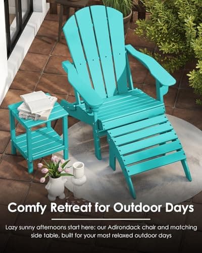 GREENVINES Folding-Adirondack-Chairs-Set-of-2 | w/Cup Holder | HDPE Plastic | All-Weather Patio Fire Pit Chairs | for Outdoor Poolside Deck | Aqua