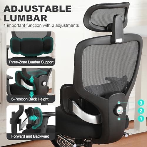 Ergonomic Office Chair with Footrest, Mesh Desk Chair with Adjustable Headrest & Armrests & Dynamic Floating Wing Lumbar Support, High Back Computer Chair for Home Office, BIFMA Certified, Black