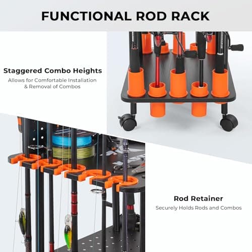 KastKing V10 Gear Trolley, Indoor Fishing Rod Holder for 10 Combos, 3-Tier Fishing Accessory Shelves With Peg Wall, Patented Built-in Line Spooler, Mobile Tackle Storage Cart With Locking Wheels