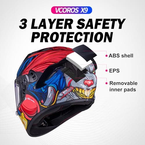 VCOROS Full Face Dual Visor Motorcycle Helmet for Adults Motorbike Street Bike Racing Helmets X9 DOT Approved with Black Visor