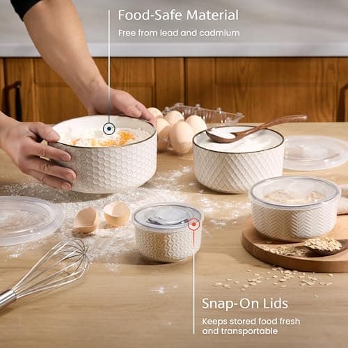 Narbonne Collection, Stackable, For Prep & Serving, 10/17/29/47 oz, Leak-Proof Lids, Steam Vent, Microwave & Dishwasher Safe KooK Ceramic Nesting Bowls with Lids, Embossed Stoneware, Set of 4, Ivory B0BJS6M86W