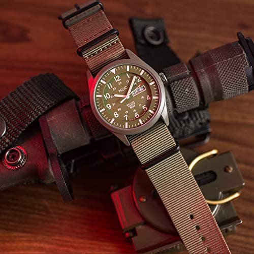 Infantry Mens Military Watch, Vietnam Style Field Watches for Men, Tactical 12/24H Military Time Analog Watch, Waterproof Day Date Quartz Wristwatch w/Green Nylon Band, Work Watch for Man