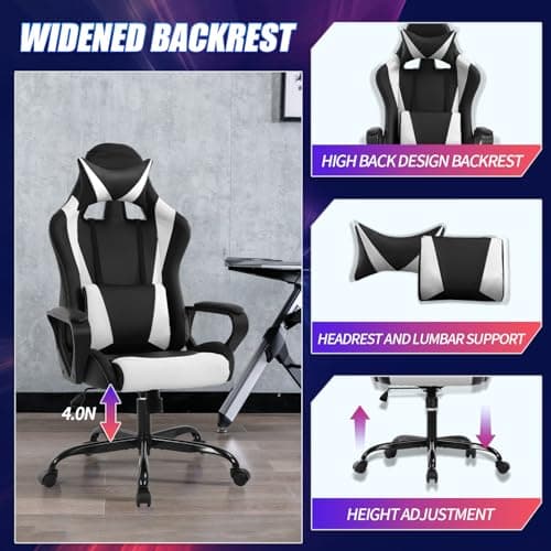Gaming Chair Office Chair High-Back Ergonomic Video Game Chairs for Kids Teen Adult Height Adjustable Reclining Computer Chair with Lumbar Support Armrest Headrest Game Chair - White