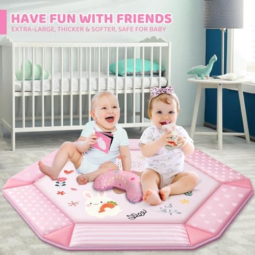Baby Gym Play Mat, 8-in-1 Tummy Time Mat & Ball Pit with 6 Toys, Washable Baby Activity Mat for Visual, Hearing, Sensory, Motor Development, Babies Gift for Newborn Infant 0-3-6-9-12 Months (Pink)