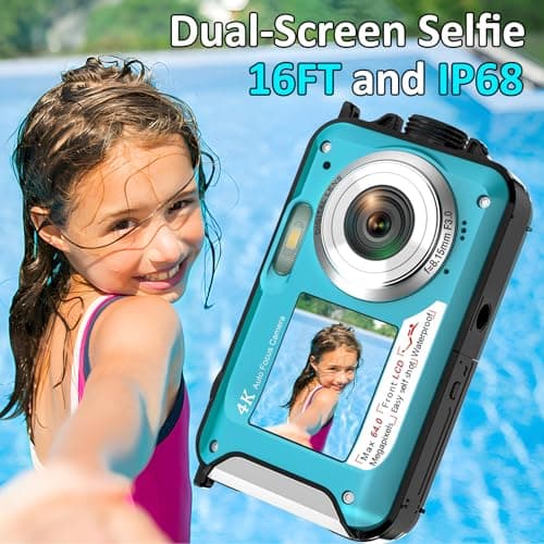4K Underwater Camera 16FT Waterproof Camera with 32GB Card 64MP Autofocus Dual-Screen Selfie Underwater Camera for Snorkeling Waterproof Compact Floatable Digital Camera 1250mAh Battery Type-C (Blue)
