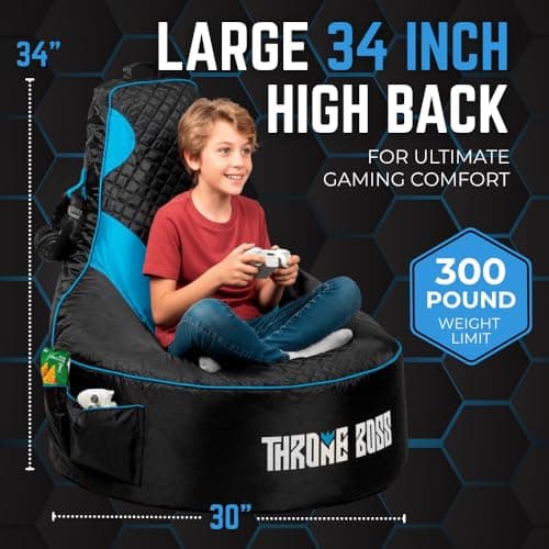 Throne Boss Gaming Bean Bag Chair Cover for Kids with High Back, Blue – Gamer Chair for Kids with 2 x Large Side Pockets, Headphone Hanger, Easy to Clean Fabric, Requires 200 Liters Polystyrene Beans