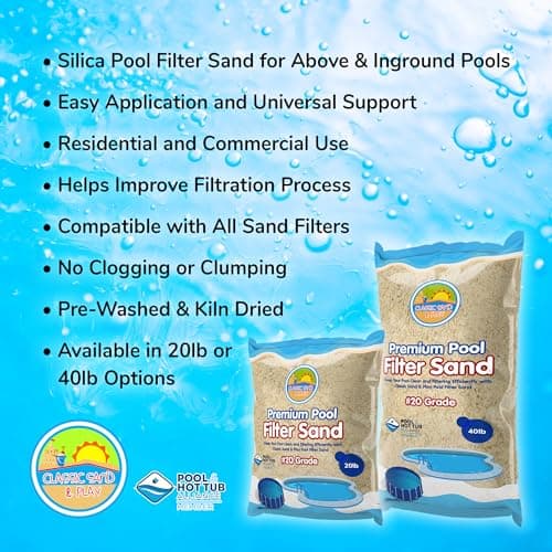 CLASSIC SAND & PLAY Swimming Pool Filter Sand for Above & Inground Pools, 20 lbs, Supports Residential and Commercial Filtration Systems, Premium Efficient Silica, No Clogging or Clumping, #20 Grade