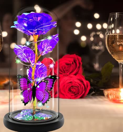 Christmas Rose Gifts for Women, Womens Gifts for Christmas Mom Sister Grandma Wife Her,Galaxy Crystal Light Up Rose Flower in A Glass Dome,Birthday Gifts for Women Butterfly Valentines Presents Purple