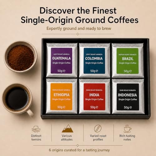 UNIQBITE World Coffees Gift Set, Six Single Origin Ground Coffee Variety Pack, Coffee Sampler from Around the World, Light, Medium & Dark Roasts, Roasted in Italy, 10.58 oz (300g) B0H3XNK2G3